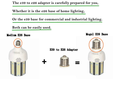 120W LED Corn Cob Bulb with E26 E39 mogul base, E39 to E26 adapter diagram, 6000K daylight, 18000 lumens, for garage and warehouse