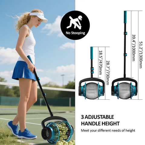 Woman using No Bending Tennis Ball Picker Roller With Telescopic Handle Quick Rolling Ball Collector on tennis court