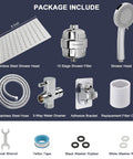 Package includes components of High Pressure 8 Inch Square Filtered Shower Head With 5 Settings Handheld Rain Style Shower Filter Kit.
