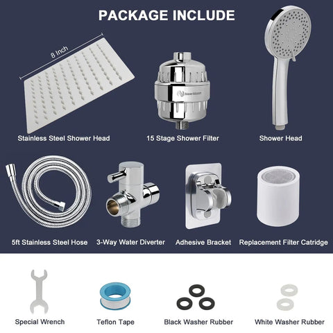 Package includes components of High Pressure 8 Inch Square Filtered Shower Head With 5 Settings Handheld Rain Style Shower Filter Kit.