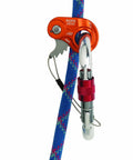 Ropeman 1 Ascender Dope Lightweight Rope Clamp For Climbing Hunting Tree Work And Rigging Orange, attached to blue rope.