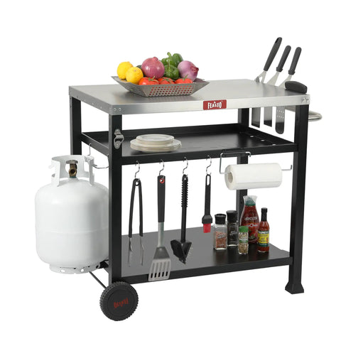 Three Shelf Pizza Oven Table With Stainless Top And Rolling Outdoor Grill Cart Waterproof Cover Heavy Duty BBQ Prep Station
