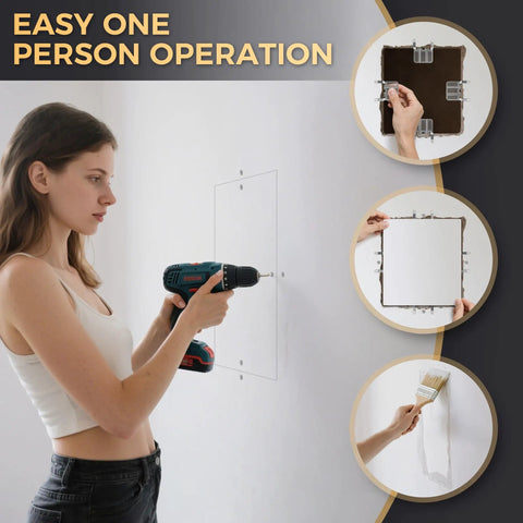 Woman using drill for Gnarly Wall Damage Tackled Quick With Effortless Drywall Repair Clips For Knockout Smooth Finish.