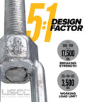 Heavy Duty Jaw To Jaw Turnbuckle 5 8 X 12 Inch Unc Thread 20 Pack Rated 3500 Lbs showing design factor with detailed capacity markings.
