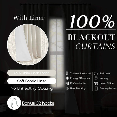 Extra Long Linen Blackout Curtains For Track System, 120 Inch Long, 10 Foot, 100 Percent Blackout, Thermal Liner, With Hooks