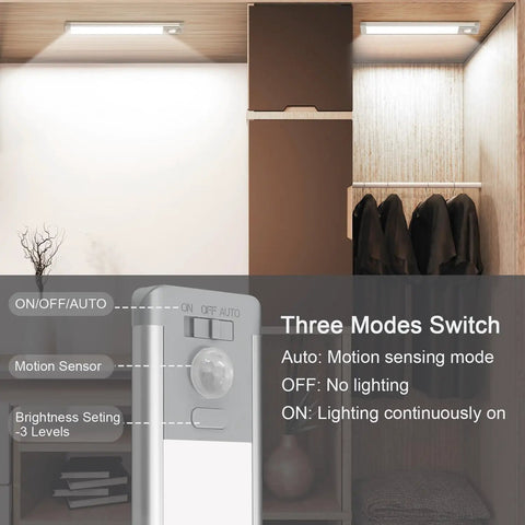 Rechargeable Motion Sensor Under Cabinet Lights with 30 LEDs mounted in a closet showing three modes switch and settings.
