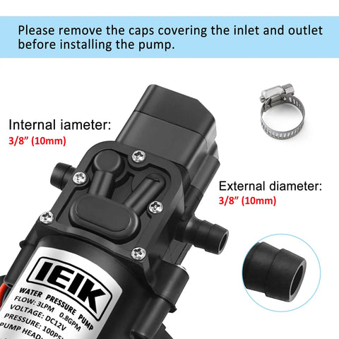 Close-up of Beefy 12V Diaphragm Water Pump For Sprayers And RVs Self Priming 116 PSI 5 LPM 1.35 GPM Flow Great For Caravan Boat Marine Agriculture And DIY Spraying Today showing inlet and outlet diameters.