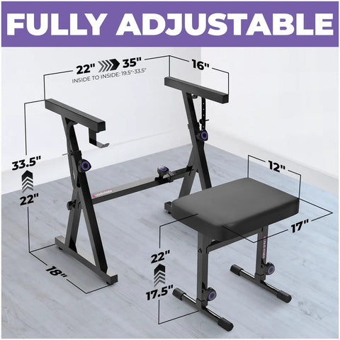 Heavy Duty Portable Keyboard Stand And Adjustable Bench Set for 54 to 88 Key Pianos; dimensions labeled, black metal frame