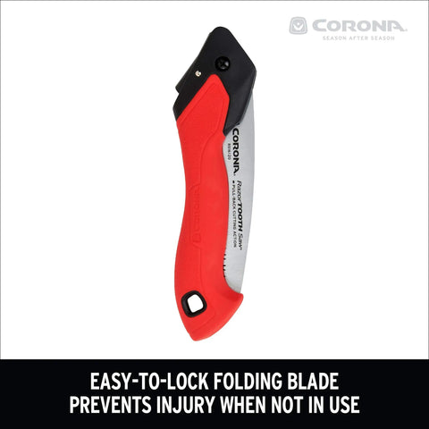 7 Inch Folding Pruning Saw With Fast Cut Razor Tooth Blade Heavy Duty Hand Tool with red ergonomic grip for safety.