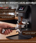 Pro Commercial Coffee Grinder With 64mm Flat Burr And Smart Touch Screen Weight Based Dosing For Espresso Brewing showing grind by weight feature with precise accuracy settings.