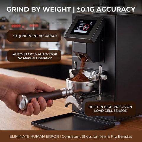Pro Commercial Coffee Grinder With 64mm Flat Burr And Smart Touch Screen Weight Based Dosing For Espresso Brewing showing grind by weight feature with precise accuracy settings.