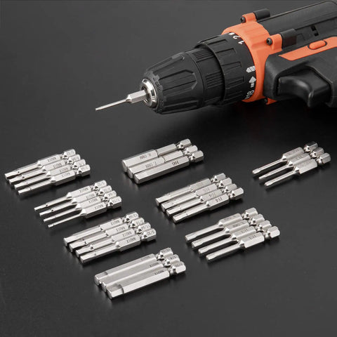 30 Piece Hex Head Allen Wrench Drill Bit Set With One Quarter Inch Shank Metric And SAE S2 Steel Bits Magnetic Tips 50mm Long