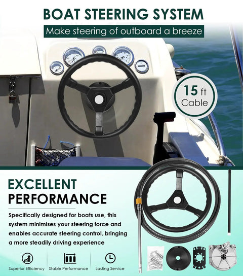 Outboard Steering Kit With Fifteen Foot Cable Three Quarter Inch Standard Tapered Shaft And Thirteen Point Five Inch Wheel