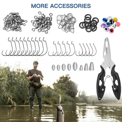 All In One 144 Piece Fishing Lure Kit With Tackle Box Included Including Crankbaits Spoons Jigs Soft Plastics Hooks Weights Pliers