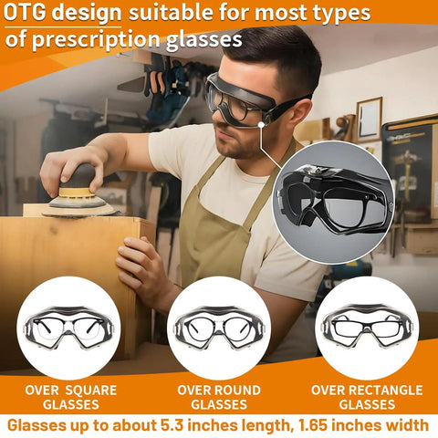 OTG Safety Goggles Over Glasses For Wearers, ANSI Z87.1 Anti Fog Tactical Eye Protection With 3 Interchangeable Lenses shown in use