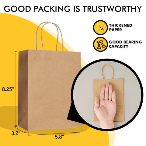 100 Pack Small Brown Kraft Paper Gift Bags With Handles 5.8x3.2x8.25 Inches Natural Kraft Bags with size dimensions shown