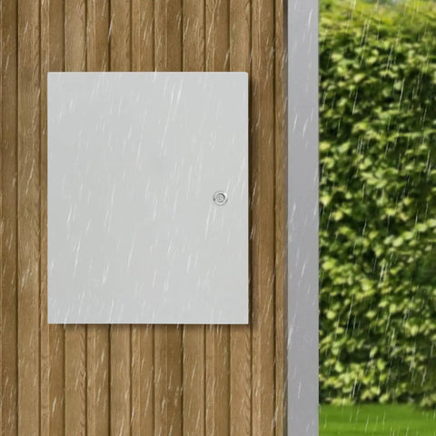 Durable Outdoor Electrical Box Lockable Enclosure, IP55 Waterproof NEMA Steel Case on wooden wall in rain
