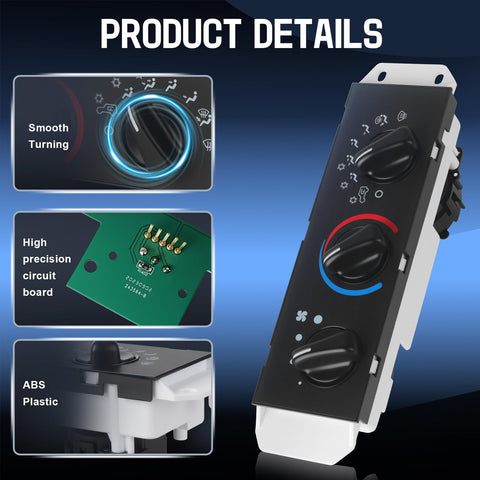 Close-up of AC Heater Control Panel With Blower Motor Switch For 1999 2000 2001 2002 2003 2004 Jeep Wrangler TJ Right Hand Drive Climate Control Replacement 55037473AB BL101 HS373 showing smooth knob, circuit board, and material details.