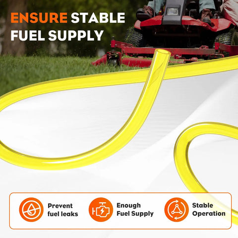 10 Feet Fuel Line Hose For Small Engines One Quarter Inch Inside Diameter To Three Eighths Inch Outside Diameter Includes Ten Hose Clamps Ideal For Lawn Mowers Chainsaws String Trimmers Tillers Generators Blowers Gas Line Replacement displayed with lawn mower in background.