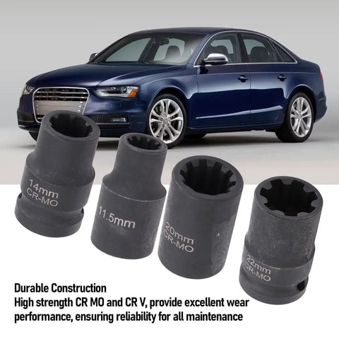 Pro Grade Brake Caliper Socket Set 4 Piece Kit For 1/2 Inch Drive with 11.5mm, 14mm, 20mm, 22mm sockets in front of a car