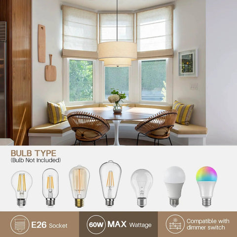 Killer 18 Inch Double Drum Pendant Light Featuring Dual Beige Linen Shades For Major Home Glow Up And Pro Level Ceiling Vibe In Your Dining Room Or Living Space above a dining table with natural light.