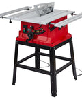 10 Inch 15 Amp Tough Job Site Table Saw With Rock Solid Stand And Push Stick For Effortless Cuts and Tight 90 Degree Cross Angles Along With Smooth 0 To 45 Degree Bevel Shift Adjustable Blade Height on display.