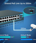 26-Port PoE Switch With 24 PoE And PoE Plus Ports And 2 Gigabit Uplink Ports, unmanaged switch extending link up to 250m