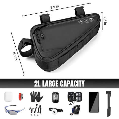 Water Resistant Reflective Bike Frame Storage Bag Triangle Bag With Two Side Pockets Strap On Under Seat Tool Pouch 2L