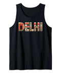 Hella Cool Delhi India Travel Souvenir Tank Top Featuring Lotus Temple Landmarks And Vibrant Auto Rickshaw Street Art Lightweight Classic Cut Black Sleeveless Top For Weekend Getaways with colorful 'DELHI' design.