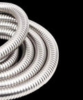 Heavy Duty Workhorse 304 Stainless Steel Corrugated Tube Flexible Metal Cable Conduit Wrap For Electrical Wiring And Plumbing Fixtures Tough As Nails Armor Sleeving One Meter Long Silver Finish, coiled view.