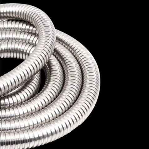 Heavy Duty Workhorse 304 Stainless Steel Corrugated Tube Flexible Metal Cable Conduit Wrap For Electrical Wiring And Plumbing Fixtures Tough As Nails Armor Sleeving One Meter Long Silver Finish, coiled view.
