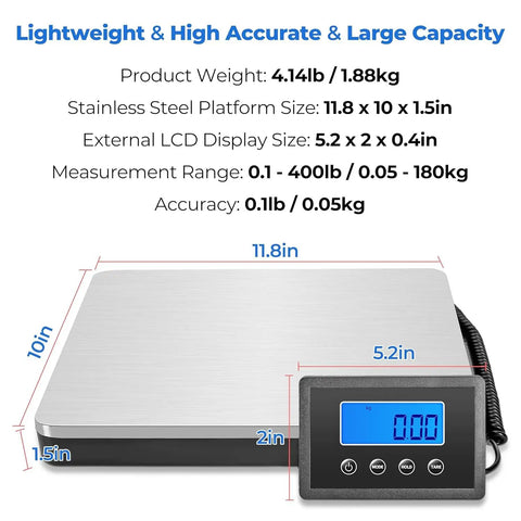 Rock Solid Digital Postal Scale For Packages Luggage And Mail, Heavy Duty 400lb Capacity steel platform and LCD display.