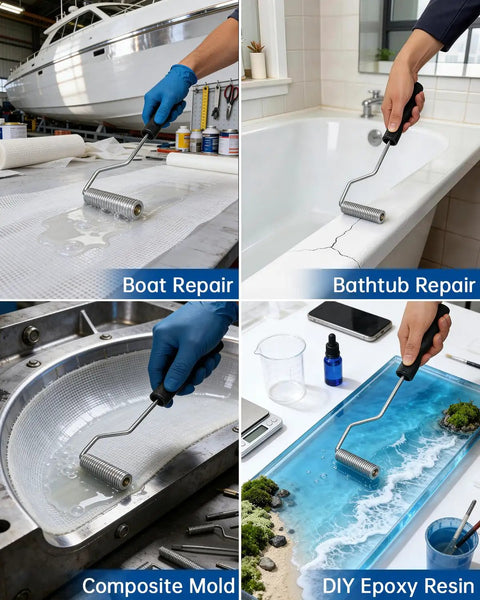 Fiberglass Roller Tools Kit 4 Pcs Bubble Paddle Roller Set used for boat, bathtub, mold repair, and epoxy resin projects.