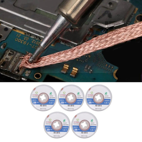 Desoldering Solder Wick Braid Set Pro Grade 5 Pcs No Clean Copper Wire 3mm Wide By One Point Five Meters Long in use on PCB