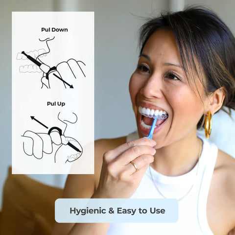 Pack Of 2 Aligner Removal Tools For Clear Aligners And Retainers Easy Grip Invisalign Remover Tool And Retainer Hook For Trays Night Guards Reusable Accessories Purple, blue remover in use