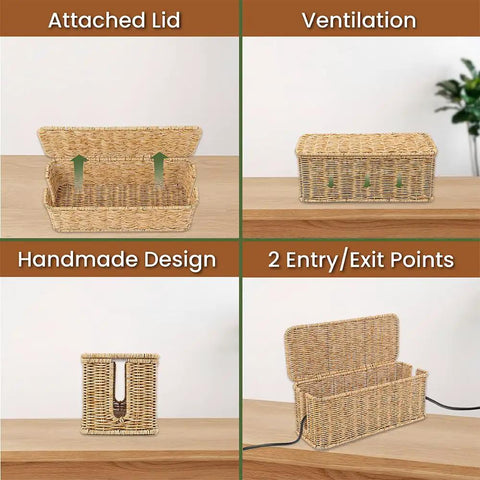 Handmade Rattan Cable Management Box With Two Open Slots For Power Strips Routers And USB Hubs Cord Hider For Clean Minimalist Home Office Setup Natural Finish Patent Protected Design 13 By 5 By 5 Inches with lid open