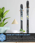 Solid Wood Ski Wall Mount Rack That Shows Off Your Boards As Dope Home Decor While Saving Valuable Floor Space And Keeping Your Alpine Gear Looking Sharp And Well Organized Year Round in a modern living room with plants.