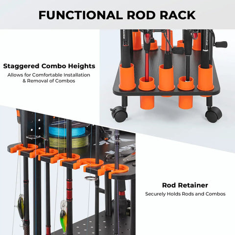 Indoor Fishing Rod Holder Trolley With 3 Tier Shelves And Peg Wall, Built In Line Spooler, Locking Wheels, rod holder detail