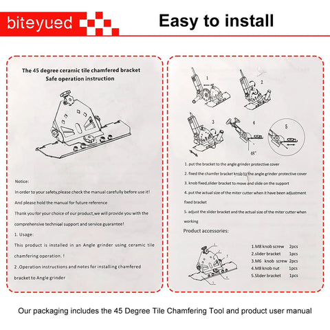 Installation guide for 45 Degree Tile Chamfering Tool For 4.5 Inch And 5 Inch Angle Grinders with parts list and instructions.