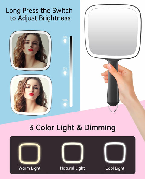 Lighted Handheld Mirror With Three Color Temperature And Dimmable Lights For On The Go Makeup Hair Styling And Shaving Battery Operated Lightweight Yet Durable Portable And Hangable For Travel Or Home Use showing brightness adjustment and color options.