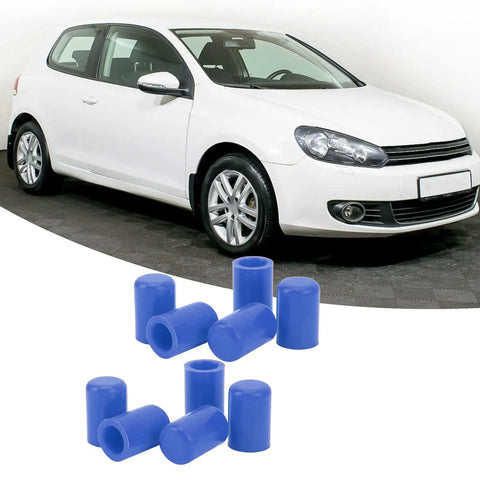 White car next to Ten Piece Silicone Vacuum Hose Cap Kit 16mm Inner Diameter End Plugs For Car Intake Lines Oil And Vent Tubes Reusable Blue Covers For Hoses Heat Resistant Durable Silicone on white background