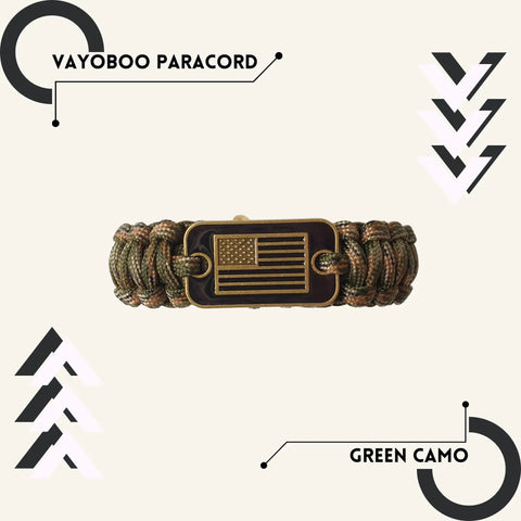 Paracord Bracelet For Men Tactical Survival Gear With Bronze USA Flag Charm Adjustable Three Size Fit Green Camo