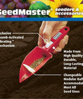 Rapli Clip Vibrating Hand Seeder in use showing thumb-activated vibration, high-quality material, and modular baffle.