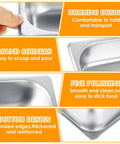 Features of Six Pack 1/3 Size Stainless Steel Steam Table Pans 2.5 Inch Deep Hotel Pan Trays, including round corners and polishing details.