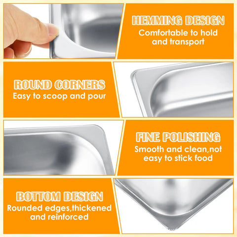 Features of Six Pack 1/3 Size Stainless Steel Steam Table Pans 2.5 Inch Deep Hotel Pan Trays, including round corners and polishing details.