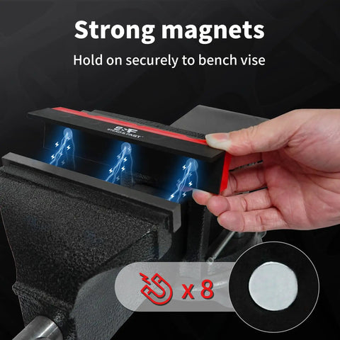 Beefy Six Inch Soft Jaws For Bench Vise With Two Pair Jaw Pads Magnetic Vice Pads in use showing strong magnet attachment