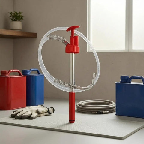 Manual Oil Transfer Pump Portable Siphon With Flexible Hose in garage setup, red pump head, metal body, clear hose visible.