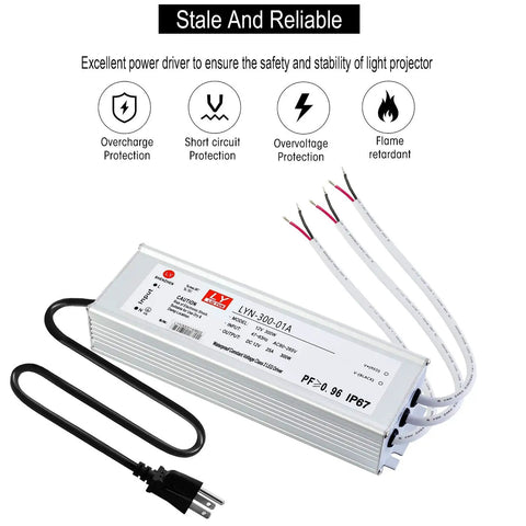 LED Driver 300W Power Transformer for Outdoor LED Lighting 12V DC Output Up To 25A IP67 Waterproof with 3 Pin Plug