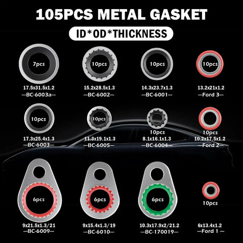105 metal gasket sizes for 195 Piece O Ring Assortment Kit For Car Air Conditioning Systems With Multi Size O Rings