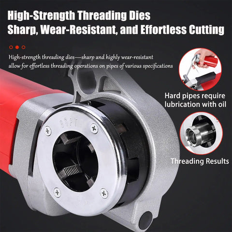 Close-up of heavy-duty electric pipe threader with high-strength carbon steel dies for precision threading on pipes.